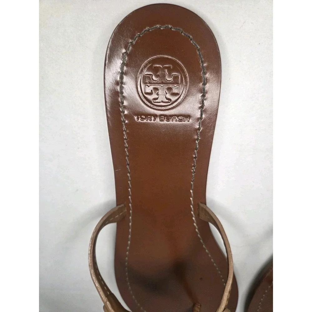 Tory Burch Miller Leather Thong Sandals Tan Brown Double T Logo Flat Women's 7.5